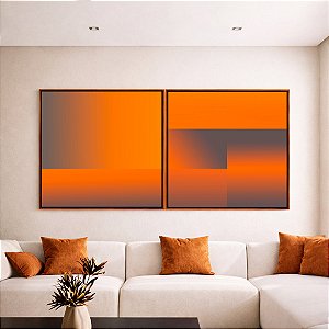 Duo de Quadros Quadrados Abstrato Degradê Geométrico Cinza Laranja Canvas Moldura