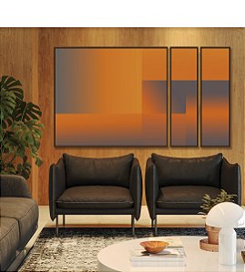 Trio de Quadros Estilizados Abstrato Degradê Geométrico Cinza Laranja Canvas Moldura