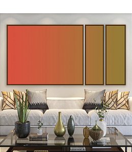 Trio de Quadros Estilizados Abstrato Degrade Laranja Verde Oliva Canvas Moldura