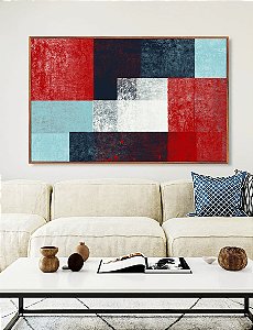 Quadro Horizontal Abstrato Mosaico Textura Azul Vermelho Branco Canvas Moldura