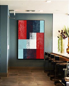 Quadro Vertical Abstrato Mosaico Textura Azul Vermelho Branco Canvas Moldura