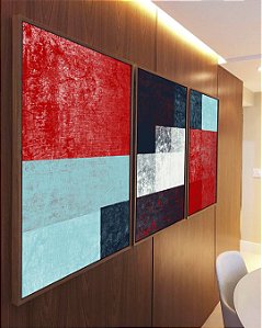 Trio de Quadros Abstrato Mosaico Textura Azul Vermelho Branco Canvas Moldura