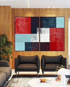 Duo de Quadros Abstrato Mosaico Textura Azul Vermelho Branco Canvas Moldura