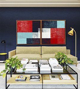 Duo de Quadros Quadrados Abstrato Mosaico Textura Azul Vermelho Branco Canvas Moldura