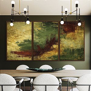 Trio de Quadros Abstrato Amarelo Ouro Verde Vermelho Bordô Canvas Moldura