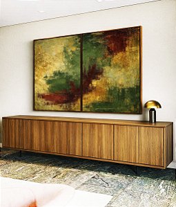 Duo de Quadros Abstrato Amarelo Ouro Verde Vermelho Bordô Canvas Moldura