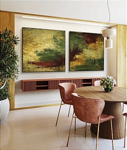 Duo de Quadros Quadrados Abstrato Amarelo Ouro Verde Vermelho Bordô Canvas Moldura
