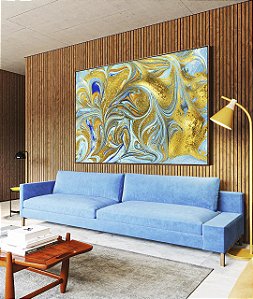 Quadro Horizontal Abstrato Azul Turquesa Dourado Pouring Canvas Moldura