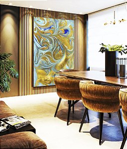 Quadro Vertical Abstrato Azul Turquesa Dourado Pouring Canvas Moldura