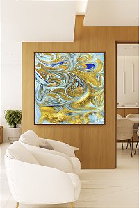 Quadro Quadrado Abstrato Azul Turquesa Dourado Pouring Canvas Moldura