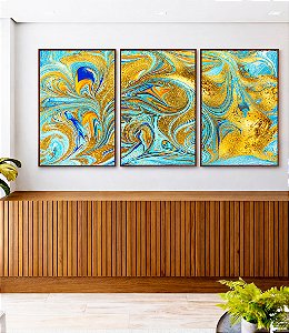 Trio de Quadros Abstrato Azul Turquesa Dourado Pouring Canvas Moldura