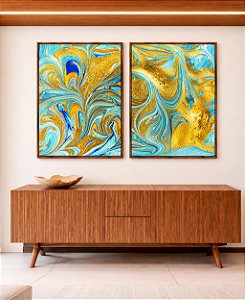 Duo de Quadros Abstrato Azul Turquesa Dourado Pouring Canvas Moldura