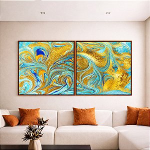 Duo de Quadros Quadrados Abstrato Azul Turquesa Dourado Pouring Canvas Moldura