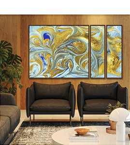 Trio de Quadros Estilizados Abstrato Azul Turquesa Dourado Pouring Canvas Moldura