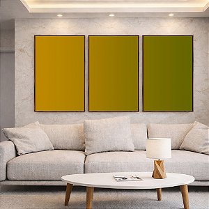 Trio de Quadros Abstrato Degradê Amarelo Mostarda Verde Oliva Canvas Moldura