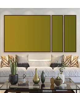 Trio de Quadros Estilizados Abstrato Degradê Amarelo Mostarda Verde Oliva Canvas Moldura