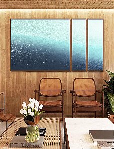 Trio de Quadros Estilizados Mar Azul Turquesa Cristalino Natureza Canvas Moldura