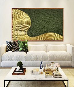 Quadro Horizontal Abstrato Verde Floresta Dourado Ondas Textura Canvas Moldura
