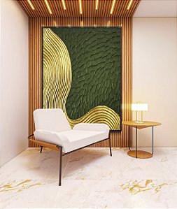 Quadro Vertical Abstrato Verde Floresta Dourado Ondas Textura Canvas Moldura