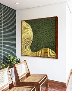 Quadro Quadrado Abstrato Verde Floresta Dourado Ondas Textura Canvas Moldura
