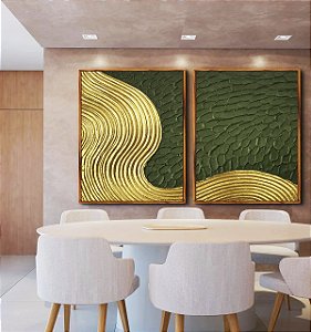 Duo de Quadros Abstrato Verde Floresta Dourado Ondas Textura Canvas Moldura