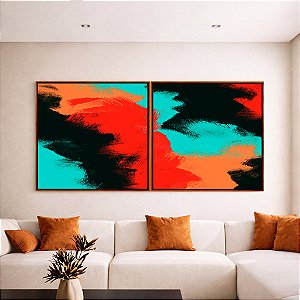 Duo de Quadros Quadrados Abstrato Preto Vermelho Laranja Turquesa Canvas Moldura