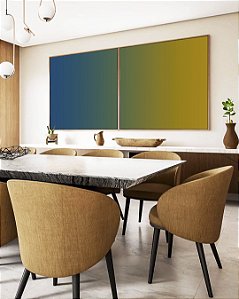 Duo de Quadros Quadrados Abstrato Degrade Azul Petróleo Verde Amarelo Canvas Moldura