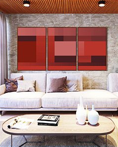 Trio de Quadros Abstrato Degradê Geométrico Rosa Vermelho Vinho Canvas Moldura