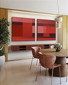 Duo de Quadros Quadrados Abstrato Degradê Geométrico Rosa Vermelho Vinho Canvas Moldura