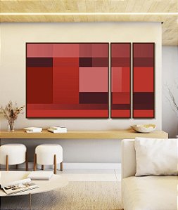 Trio de Quadros Estilizados Abstrato Degradê Geométrico Rosa Vermelho Vinho Canvas Moldura