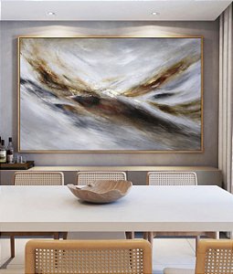 Quadro Horizontal Abstrato Cinza Prateado Dourado Marrom Ondas Pouring Canvas Moldura