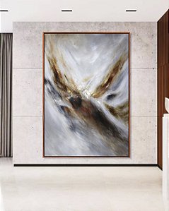 Quadro Vertical Abstrato Cinza Prateado Dourado Marrom Ondas Pouring Canvas Moldura
