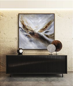 Quadro Quadrado Abstrato Cinza Prateado Dourado Marrom Ondas Pouring Canvas Moldura