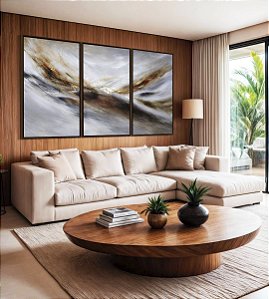 Trio de Quadros Abstrato Cinza Prateado Dourado Marrom Ondas Pouring Canvas Moldura
