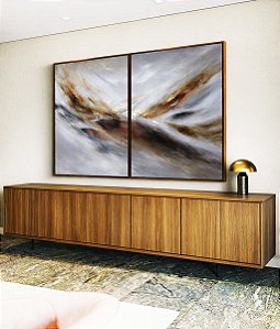 Duo de Quadros Abstrato Cinza Prateado Dourado Marrom Ondas Pouring Canvas Moldura