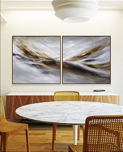 Duo de Quadros Quadrados Abstrato Cinza Prateado Dourado Marrom Ondas Pouring Canvas Moldura