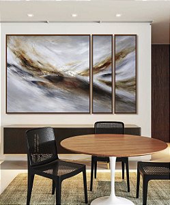Trio de Quadros Estilizados Abstrato Cinza Prateado Dourado Marrom Ondas Pouring Canvas Moldura