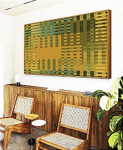 Quadro Horizontal Abstrato Mosaico Geométrico Verde Amarelo Mostarda Canvas Moldura
