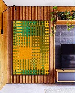 Quadro Vertical Abstrato Mosaico Geométrico Verde Amarelo Mostarda Canvas Moldura
