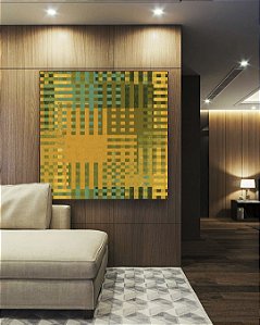 Quadro Quadrado Abstrato Mosaico Geométrico Verde Amarelo Mostarda Canvas Moldura