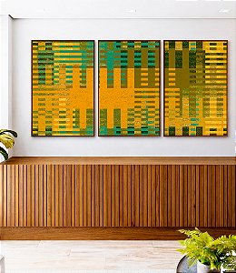 Trio de Quadros Abstrato Mosaico Geométrico Verde Amarelo Mostarda Canvas Moldura