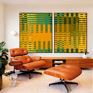 Duo de Quadros Abstrato Mosaico Geométrico Verde Amarelo Mostarda Canvas Moldura