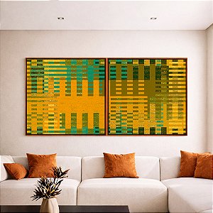 Duo de Quadros Quadrados Abstrato Mosaico Geométrico Verde Amarelo Mostarda Canvas Moldura