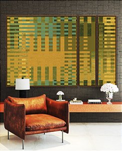 Trio de Quadros Estilizados Abstrato Mosaico Geométrico Verde Amarelo Mostarda Canvas Moldura