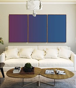 Trio de Quadros Abstrato Degradê Roxo Rosa Violeta Azul Marinho Canvas Moldura