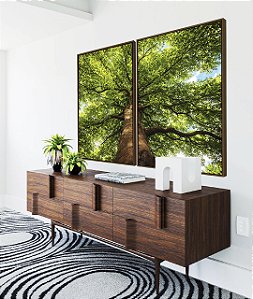 Duo de Quadros Paisagem Árvore Folhas Verdes Floresta Natureza Céu Azul Canvas Moldura