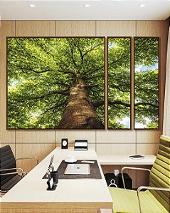 Trio de Quadros Estilizados Paisagem Árvore Folhas Verdes Floresta Natureza Céu Azul Canvas Moldura