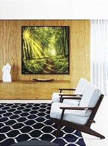 Quadro Quadrado Caminho na Floresta Luz do Sol Paisagem Verde Natureza Relaxante Canvas Moldura