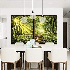 Duo de Quadros Caminho na Floresta Luz do Sol Paisagem Verde Natureza Relaxante Canvas Moldura