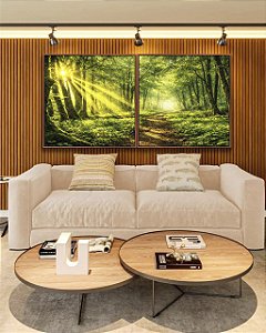 Duo de Quadros Quadrados Caminho na Floresta Luz do Sol Paisagem Verde Natureza Relaxante Canvas Moldura